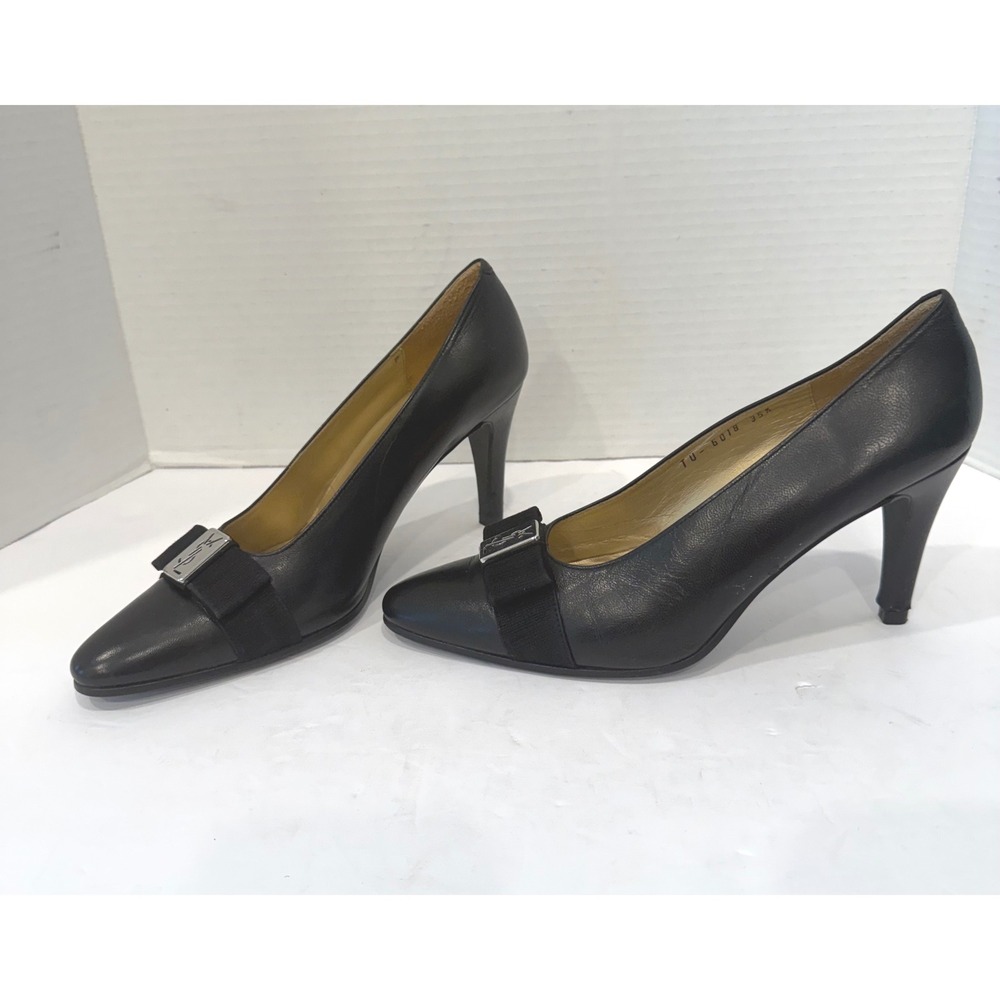 Yves Saint Laurent Black Leather YSL Logo Bow Heel Pumps Sz 5.5
